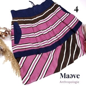 New Anthropologie Maeve Navy Mauve White Striped Ruffle Layer Pleated Sk…
